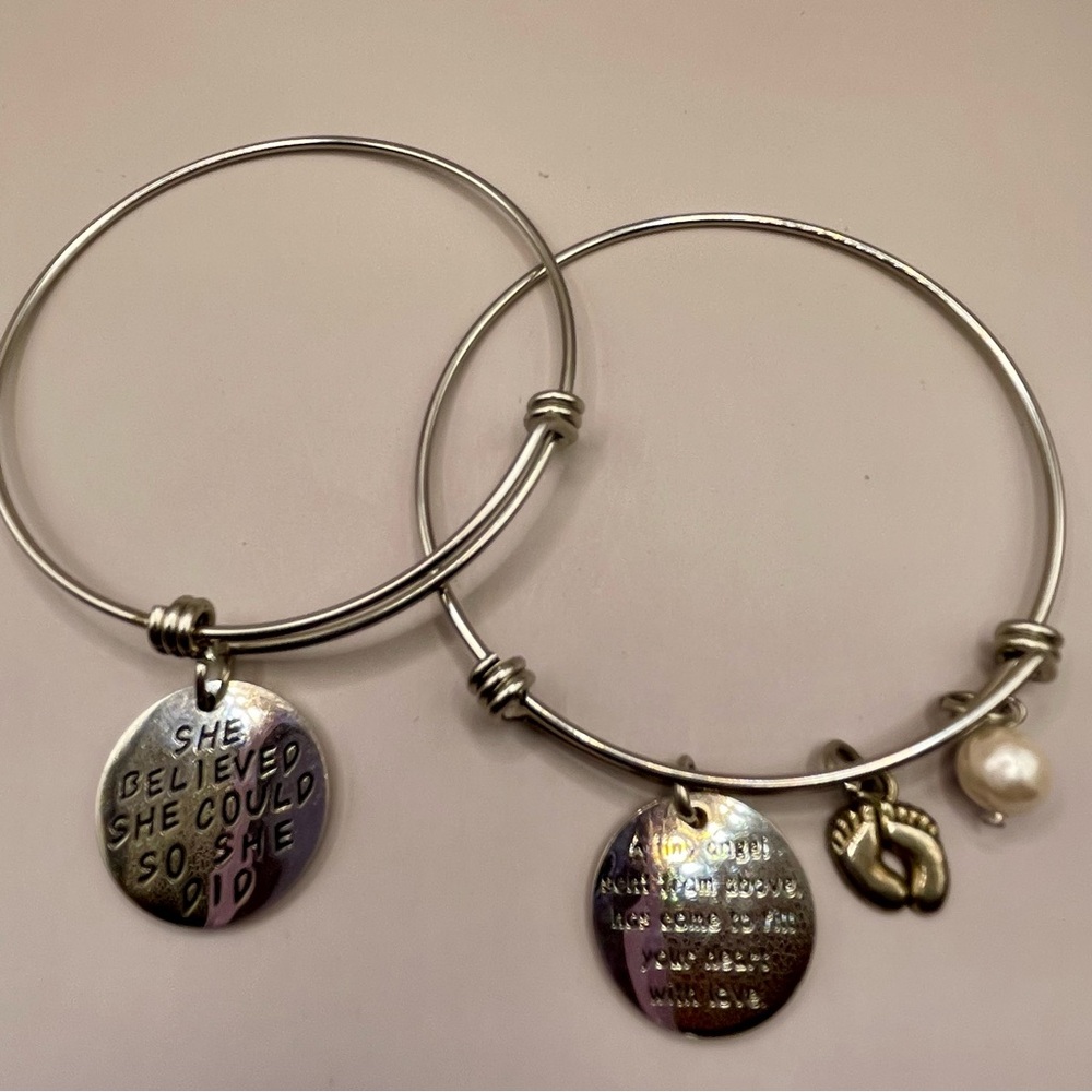 Elegant Silver Bracelets with inspirational word and pearl Charms. Great gift